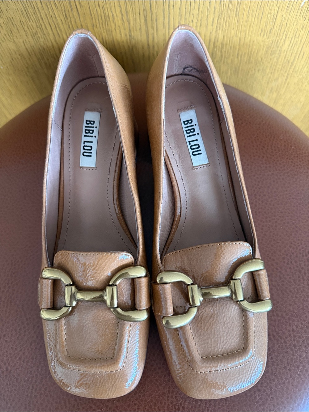 Bibi Lou Tan Patent Leather Buckle Loafers for Women Size 7